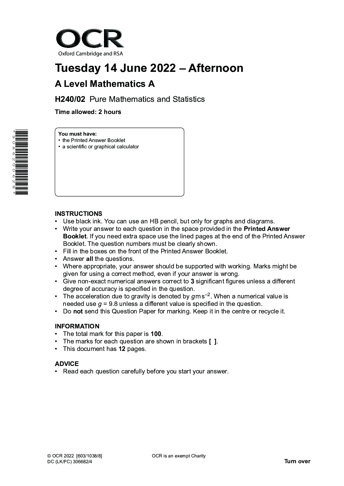 OCR A LEVEL JUNE 2022 MATHEMATICS B PAPER 2 QUESTION PAPER